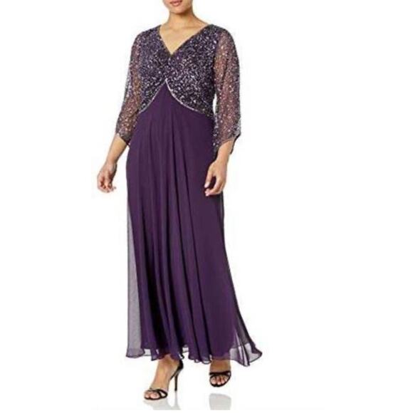 NWT J Kara Women's Petite 3/4 Sleeve Beaded Long Gown Plum Purple Dress Small 6P - Picture 1 of 3